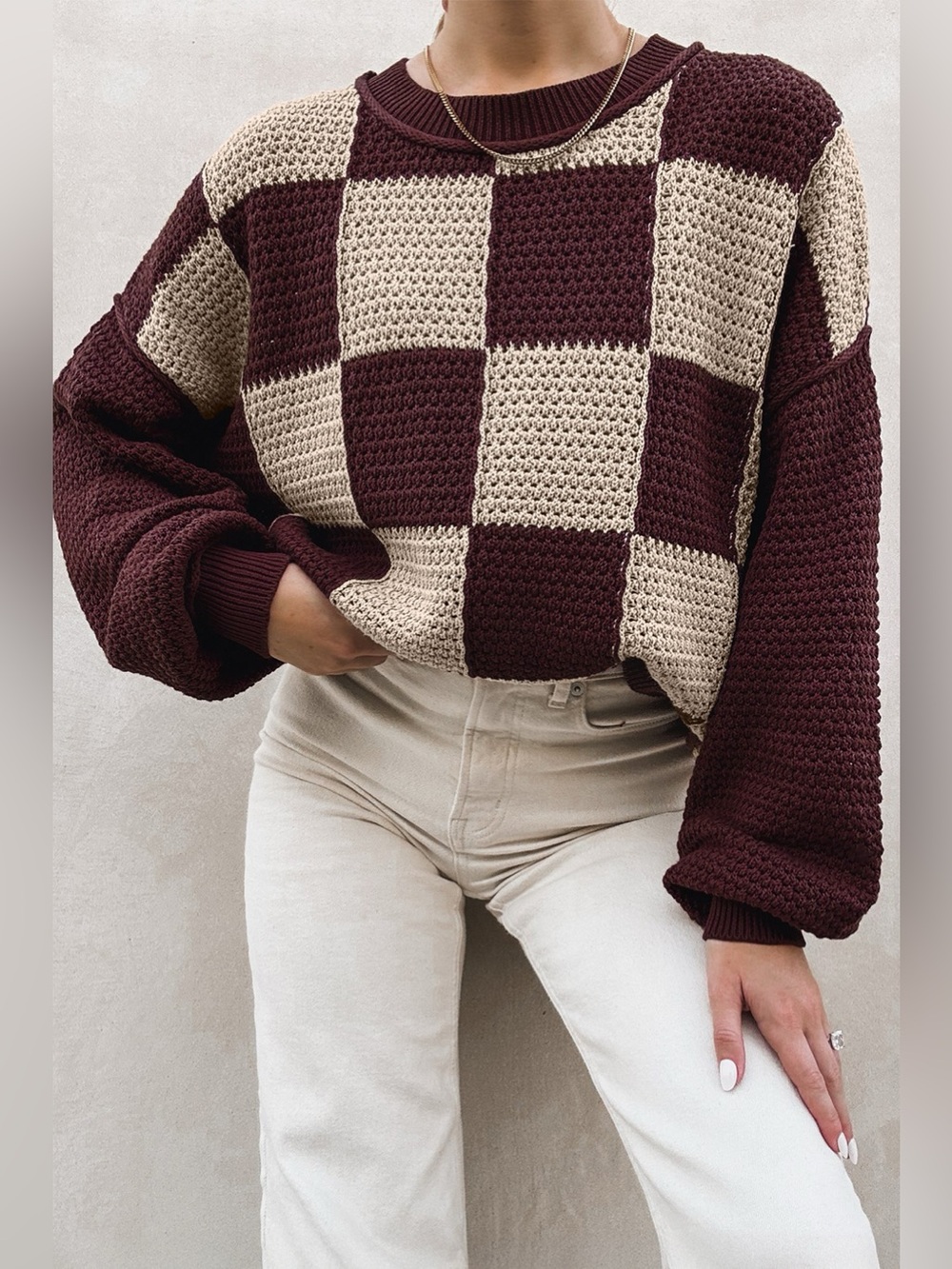 Checkerboard Dropped Shoulder Sweater